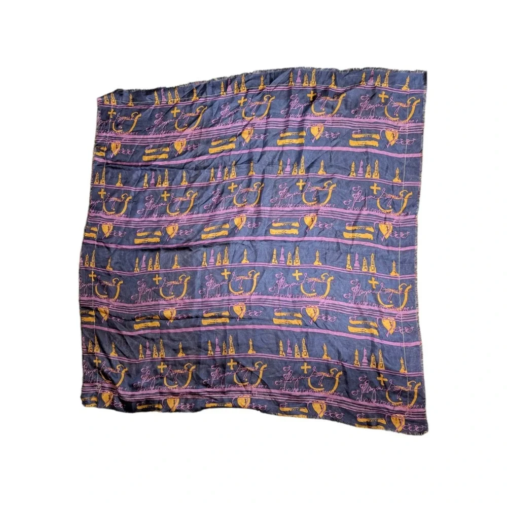 Le Phare de la Baleine Silk Scarf Navy Gold Nautical Palm Leaf 39